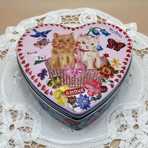 Nathalie Lete Heart Shaped Floral Tin with Cats and Flowers